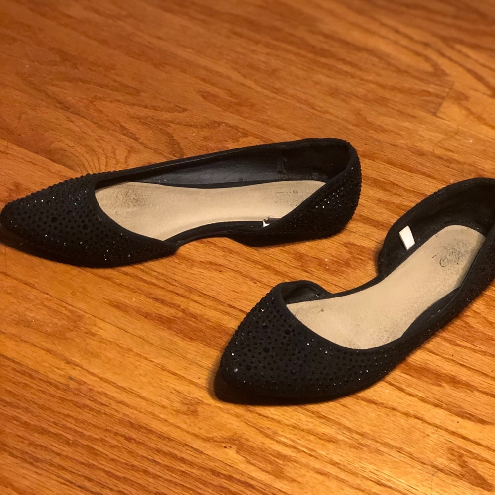 black rhinestoned flats